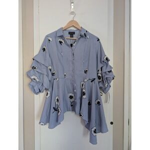 GRACIA Blue Stripe Floral Ruffle Sleeve Asymmetrical Shirt L Bold Statement Glam